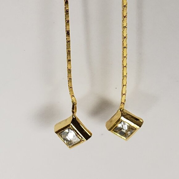 Gold tone Geometric Crystal Long Drop Earrings – Elegant Sparkle Dangle Jewelry - Picture 4 of 11